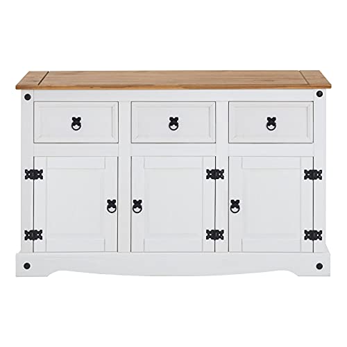 IDIMEX-Buffet-Campo-Commode-bahut-vaisselier-en-pin-Massif-Blanc-et-Brun-avec-3-tiroirs-et-3-Portes-Meuble-de-Rangement-Style-Mexicain-en-Bois-dim-125-x-76-x-40-cm-0-1