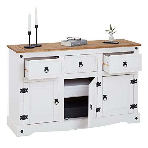 IDIMEX-Buffet-Campo-Commode-bahut-vaisselier-en-pin-Massif-Blanc-et-Brun-avec-3-tiroirs-et-3-Portes-Meuble-de-Rangement-Style-Mexicain-en-Bois-dim-125-x-76-x-40-cm-0-2