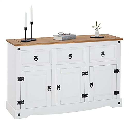 IDIMEX-Buffet-Campo-Commode-bahut-vaisselier-en-pin-Massif-Blanc-et-Brun-avec-3-tiroirs-et-3-Portes-Meuble-de-Rangement-Style-Mexicain-en-Bois-dim-125-x-76-x-40-cm-0