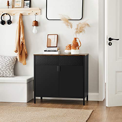 SONGMICS-Meuble-de-rangement-Buffet-double-porte-aimante-avec-tagre-rglable-pour-Salle--Manger-Salon-Cuisine-entre-cadre-en-acier-style-industriel-Marron-Rustique-et-Noir-LSC102B01-0-0