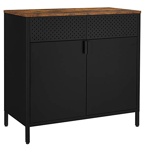 SONGMICS-Meuble-de-rangement-Buffet-double-porte-aimante-avec-tagre-rglable-pour-Salle--Manger-Salon-Cuisine-entre-cadre-en-acier-style-industriel-Marron-Rustique-et-Noir-LSC102B01-0