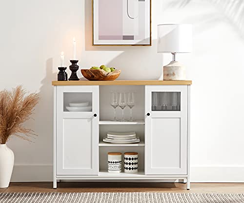 VASAGLE-Meuble-de-Rangement-Placard-de-Cuisine-Buffet-avec-Portes-tagres-vitres-en-Verre-100-x-30-x-765-cm-pour-Salon-Salle--Manger-Couloir-Bureau-Blanc-et-Couleur-Boise-LSC104W01-0-0