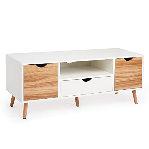 Meerveil-Meuble-TV-Banc-TV-Bois-avec-2-Casiers-1-Tiroir-1-Etagre-Style-Nordique-pour-Salon-Chambre-110-x-40-x-45-cm-Blanc-et-Chne-0-0