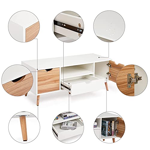 Meerveil-Meuble-TV-Banc-TV-Bois-avec-2-Casiers-1-Tiroir-1-Etagre-Style-Nordique-pour-Salon-Chambre-110-x-40-x-45-cm-Blanc-et-Chne-0-1