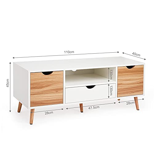 Meerveil-Meuble-TV-Banc-TV-Bois-avec-2-Casiers-1-Tiroir-1-Etagre-Style-Nordique-pour-Salon-Chambre-110-x-40-x-45-cm-Blanc-et-Chne-0-2