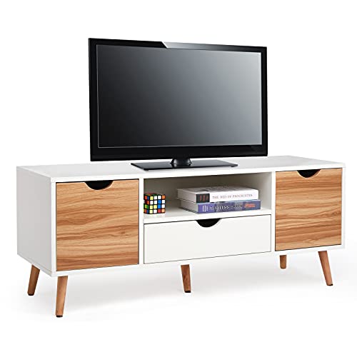 Meerveil-Meuble-TV-Banc-TV-Bois-avec-2-Casiers-1-Tiroir-1-Etagre-Style-Nordique-pour-Salon-Chambre-110-x-40-x-45-cm-Blanc-et-Chne-0