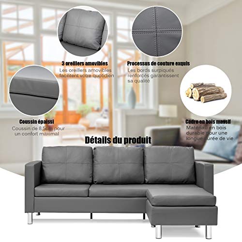 COSTWAY-Canap-dangle-Convertible-3-Places-Canap-en-L-avec-Mridienne-Rversible-en-Cuir-PU-et-Bois-Gris-188x62x60CM-pour-SalonAppartementSjour-0-2
