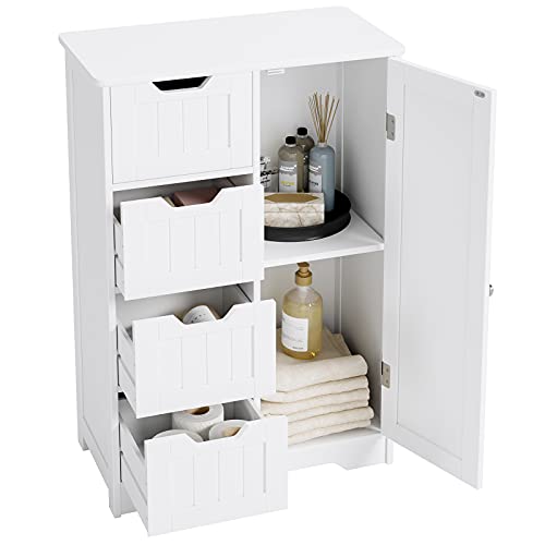 Commode-Buffet-Meuble-de-Salle-de-Bain-avec-4-Tiroirs-1-Porte-Armoire-de-Rangement-pour-Salle-de-Bain-Salon-Chambre-Blanc-56x30x83cm-0-0
