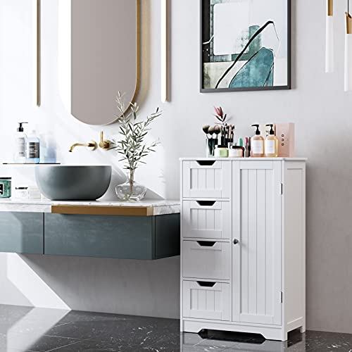 Commode-Buffet-Meuble-de-Salle-de-Bain-avec-4-Tiroirs-1-Porte-Armoire-de-Rangement-pour-Salle-de-Bain-Salon-Chambre-Blanc-56x30x83cm-0-1
