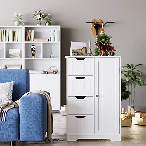 Commode-Buffet-Meuble-de-Salle-de-Bain-avec-4-Tiroirs-1-Porte-Armoire-de-Rangement-pour-Salle-de-Bain-Salon-Chambre-Blanc-56x30x83cm-0-2
