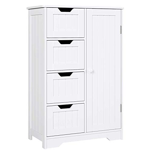 Commode-Buffet-Meuble-de-Salle-de-Bain-avec-4-Tiroirs-1-Porte-Armoire-de-Rangement-pour-Salle-de-Bain-Salon-Chambre-Blanc-56x30x83cm-0