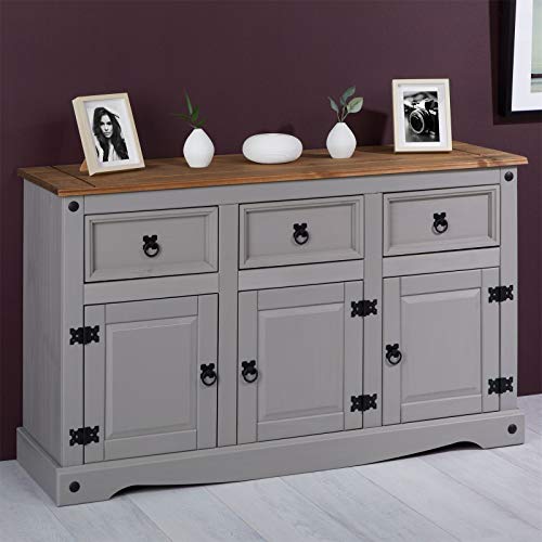 IDIMEX-Buffet-Ramon-Commode-bahut-vaisselier-en-pin-Massif-Gris-et-Brun-avec-3-tiroirs-et-3-Portes-Meuble-de-Rangement-Style-Mexicain-en-Bois-dim-125-x-76-x-40-cm-0-0