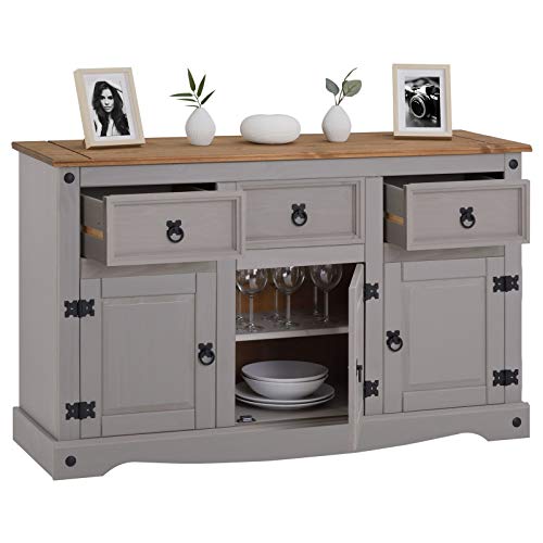 IDIMEX-Buffet-Ramon-Commode-bahut-vaisselier-en-pin-Massif-Gris-et-Brun-avec-3-tiroirs-et-3-Portes-Meuble-de-Rangement-Style-Mexicain-en-Bois-dim-125-x-76-x-40-cm-0-2