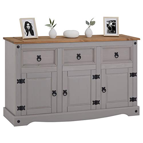 IDIMEX-Buffet-Ramon-Commode-bahut-vaisselier-en-pin-Massif-Gris-et-Brun-avec-3-tiroirs-et-3-Portes-Meuble-de-Rangement-Style-Mexicain-en-Bois-dim-125-x-76-x-40-cm-0
