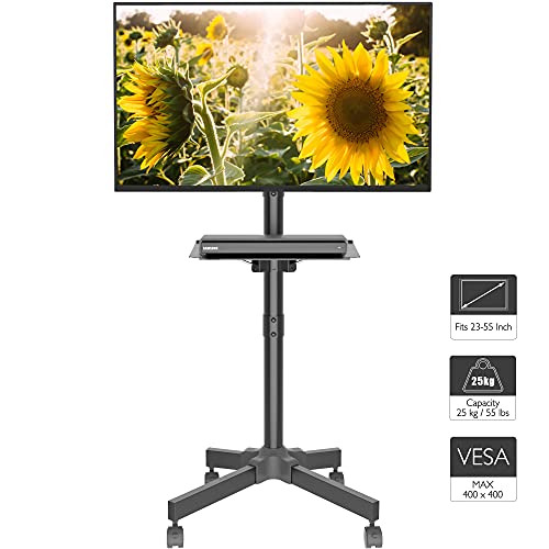 BONTEC Chariot TV Mobile Avec Roulettes Et Étagère - Support Téléviseur Réglable 23-60" Jusqu'à 25kg, VESA 400x400, Idéal Maison & Bureau