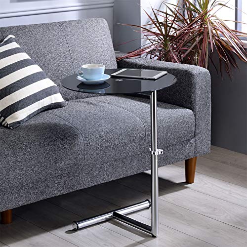 Table-dappoint-Leonie-Bout-de-canap-Rond-Table--caf-Table-Basse-avec-Hauteur-rglable-Structure-en-mtal-chrom-et-Plateau-en-Verre-tremp-Noir-0-0