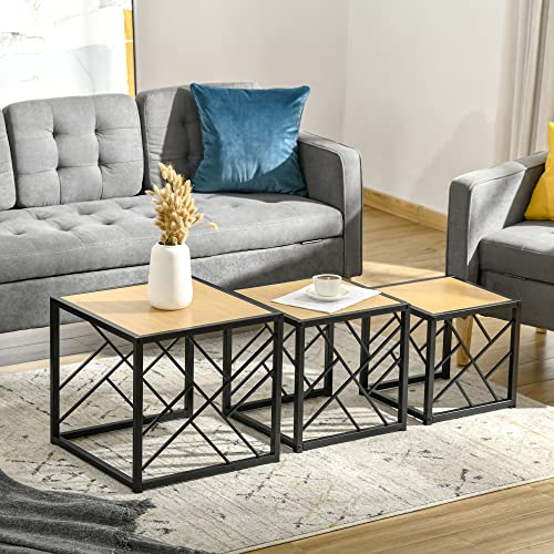 HOMCOM-Ensemble-de-3-Tables-Basses-gigognes-encastrables-Style-Industriel-mtal-Noir-Aspect-Bois-Clair-0-0