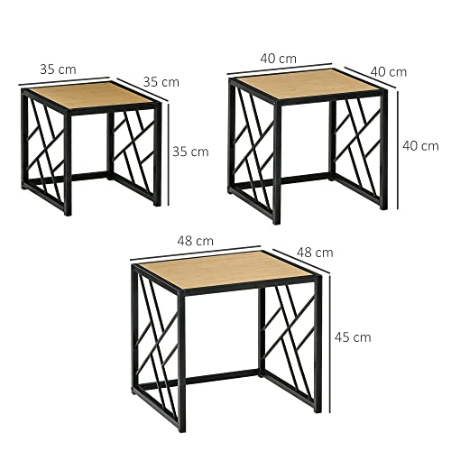 HOMCOM-Ensemble-de-3-Tables-Basses-gigognes-encastrables-Style-Industriel-mtal-Noir-Aspect-Bois-Clair-0-1