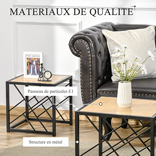 HOMCOM-Ensemble-de-3-Tables-Basses-gigognes-encastrables-Style-Industriel-mtal-Noir-Aspect-Bois-Clair-0-2