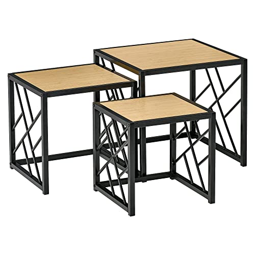 HOMCOM-Ensemble-de-3-Tables-Basses-gigognes-encastrables-Style-Industriel-mtal-Noir-Aspect-Bois-Clair-0