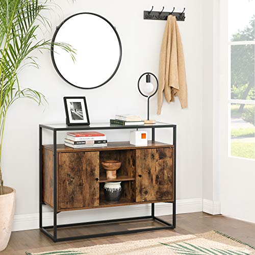 VASAGLE-Buffet-Meuble-de-Rangement-Placard-Dessus-en-Verre-tremp-Compartiments-Ouverts-pour-Salon-Couloir-Cadre-en-Acier-Stable-Style-Industriel-Marron-Rustique-et-Noir-LSC014B01-0-1