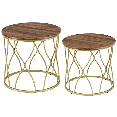 VASAGLE-Lot-de-2-Table-Gigogne-de-Salon-Scandinave-Petite-Table-Ronde-Bout-de-Canap-Table-dAppoint-Cadre-en-Acier-pour-Chambre-Bureau-Style-Moderne-Couleur-Boise-et-Dor-LET331A43-0