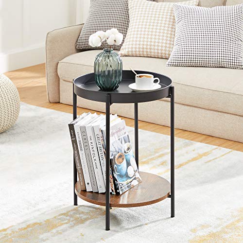 VASAGLE-Table-dappoint--2-Niveaux-Bout-de-canap-avec-Dessus-Amovible-Table-de-Chevet-Ronde-Cadre-en-Acier-pour-Salon-Chambre-Marron-Rustique-et-Noir-LET221B01-0-0