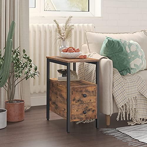 HOOBRO Table De Chevet Industrielle Avec 2 Tiroirs - Table D'Appoint Fine Pour Petit Espace, Cadre Métal Stable, Aspect Bois Brun