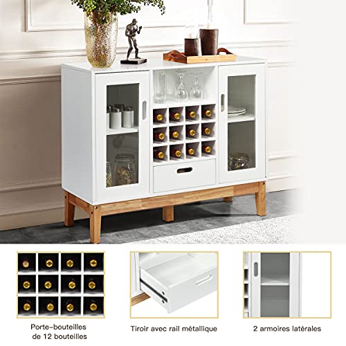 COSTWAY-Buffet--Vin-en-Bois-Rangement-pour-Vin-avec-Casier-12-Bouteilles-Portes-Transparentes-sur-2-Cts-et-Tiroir-100-x-33-x-80CM-pour-Salle--Manger-Cuisine-Blanc-0-0