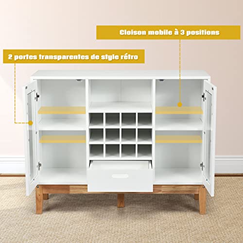 COSTWAY-Buffet--Vin-en-Bois-Rangement-pour-Vin-avec-Casier-12-Bouteilles-Portes-Transparentes-sur-2-Cts-et-Tiroir-100-x-33-x-80CM-pour-Salle--Manger-Cuisine-Blanc-0-1