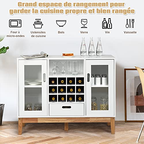 COSTWAY-Buffet--Vin-en-Bois-Rangement-pour-Vin-avec-Casier-12-Bouteilles-Portes-Transparentes-sur-2-Cts-et-Tiroir-100-x-33-x-80CM-pour-Salle--Manger-Cuisine-Blanc-0-2