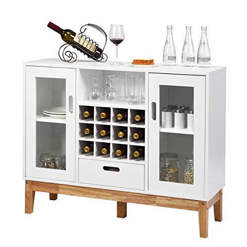 COSTWAY-Buffet--Vin-en-Bois-Rangement-pour-Vin-avec-Casier-12-Bouteilles-Portes-Transparentes-sur-2-Cts-et-Tiroir-100-x-33-x-80CM-pour-Salle--Manger-Cuisine-Blanc-0