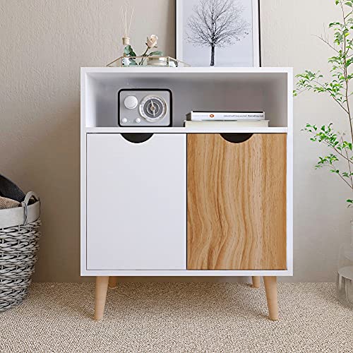 Meerveil-Buffet-Meuble-de-Rangement-avec-2-Portes-Une-Etagre-de-Rangement-Ouverte-Pieds-en-Bois-Massif-de-Style-Moderne-60-x-30-x-733-cm-Blanc-et-Chne-0-0