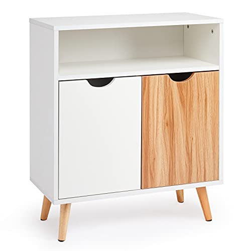 Meerveil-Buffet-Meuble-de-Rangement-avec-2-Portes-Une-Etagre-de-Rangement-Ouverte-Pieds-en-Bois-Massif-de-Style-Moderne-60-x-30-x-733-cm-Blanc-et-Chne-0