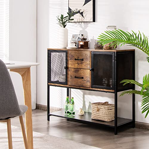 COSTWAY-Meuble-de-Rangement-Buffet-Industriel-avec-2-Placards-2-Tiroirs-Coulissants-et-Etagre-Infrieure-Conception-en-Mtal-pour-Salon-Salle--Manger-Cuisine-Marron-Rustique-0-0