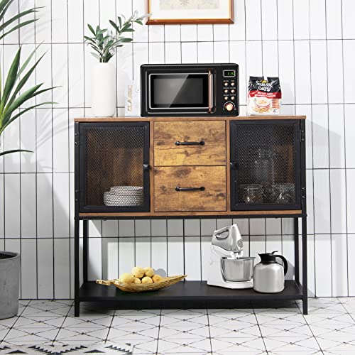 COSTWAY-Meuble-de-Rangement-Buffet-Industriel-avec-2-Placards-2-Tiroirs-Coulissants-et-Etagre-Infrieure-Conception-en-Mtal-pour-Salon-Salle--Manger-Cuisine-Marron-Rustique-0-1