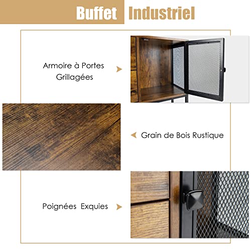 COSTWAY-Meuble-de-Rangement-Buffet-Industriel-avec-2-Placards-2-Tiroirs-Coulissants-et-Etagre-Infrieure-Conception-en-Mtal-pour-Salon-Salle--Manger-Cuisine-Marron-Rustique-0-2
