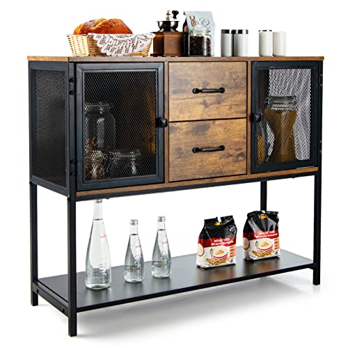 COSTWAY-Meuble-de-Rangement-Buffet-Industriel-avec-2-Placards-2-Tiroirs-Coulissants-et-Etagre-Infrieure-Conception-en-Mtal-pour-Salon-Salle--Manger-Cuisine-Marron-Rustique-0