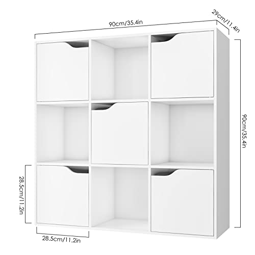 FirFurd-Bibliothque-Blanc-avec-9-Compartiments-tagre-avec-5-Portes-Meuble-de-Rangement-en-Bois-Bibliotheque-3-Niveaux-pour-Salon-Chambre-90x29x90cm-0-0