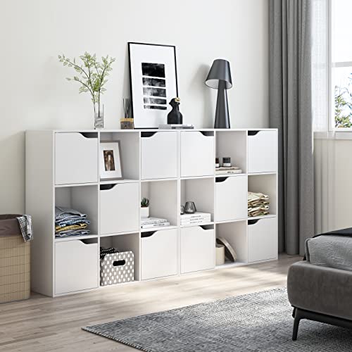 FirFurd-Bibliothque-Blanc-avec-9-Compartiments-tagre-avec-5-Portes-Meuble-de-Rangement-en-Bois-Bibliotheque-3-Niveaux-pour-Salon-Chambre-90x29x90cm-0-2