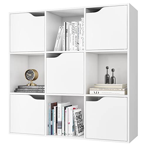 FirFurd-Bibliothque-Blanc-avec-9-Compartiments-tagre-avec-5-Portes-Meuble-de-Rangement-en-Bois-Bibliotheque-3-Niveaux-pour-Salon-Chambre-90x29x90cm-0