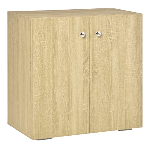 HOMCOM-Buffet-Commode-Meuble-de-Rangement-Placard-2-Portes-avec-tagre-poignes-Boutons-mtal-chrom-Panneaux-Particules-Aspect-chne-Clair-0