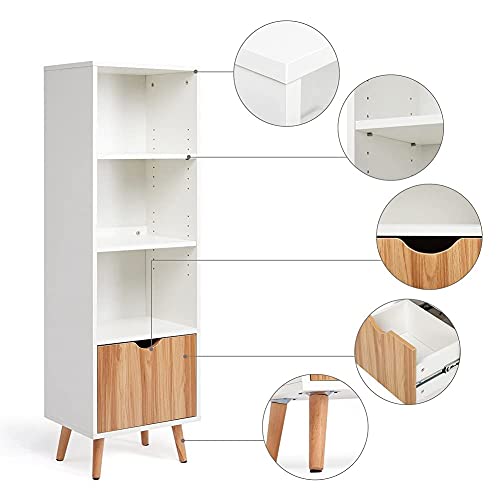 Meerveil-Bibliothque-Meuble-de-Rangement-avec-1-Tiroir-3-Espaces-Ouverts-Style-Nordique-pour-Salon-Chambre-Bureau-40-x-30-x-129-cm-Blanc-et-Chne-0-0