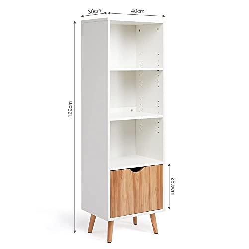 Meerveil-Bibliothque-Meuble-de-Rangement-avec-1-Tiroir-3-Espaces-Ouverts-Style-Nordique-pour-Salon-Chambre-Bureau-40-x-30-x-129-cm-Blanc-et-Chne-0-1