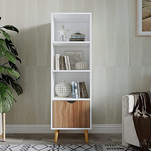 Meerveil-Bibliothque-Meuble-de-Rangement-avec-1-Tiroir-3-Espaces-Ouverts-Style-Nordique-pour-Salon-Chambre-Bureau-40-x-30-x-129-cm-Blanc-et-Chne-0-2