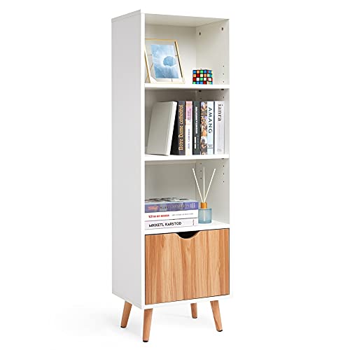 Meerveil-Bibliothque-Meuble-de-Rangement-avec-1-Tiroir-3-Espaces-Ouverts-Style-Nordique-pour-Salon-Chambre-Bureau-40-x-30-x-129-cm-Blanc-et-Chne-0