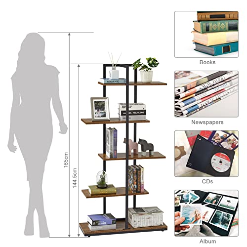 Meerveil-Bibliothque-tagre-de-Rangement-au-Sol-Bibliothque--5-Niveaux-en-Quinconce-Prsentoir-Unit-de-Stockage-Ouverte-pour-Salon-Chambre--Coucher-Bureau-74-x-28-x-145-cm-Marron-0-2