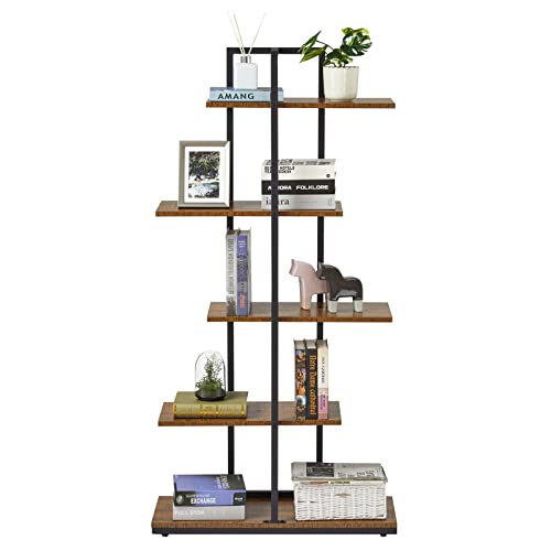 Meerveil-Bibliothque-tagre-de-Rangement-au-Sol-Bibliothque--5-Niveaux-en-Quinconce-Prsentoir-Unit-de-Stockage-Ouverte-pour-Salon-Chambre--Coucher-Bureau-74-x-28-x-145-cm-Marron-0