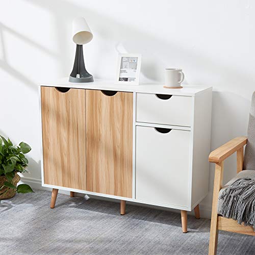 Meerveil-Buffet-Meuble-de-Rangement-3-Portes-1-Tiroir-Convient-pour-Salon-Cuisine-Salle--Manger-Chne-et-Blanc-90-x-30-x-73-cm-0-0
