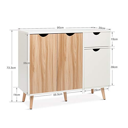 Meerveil-Buffet-Meuble-de-Rangement-3-Portes-1-Tiroir-Convient-pour-Salon-Cuisine-Salle--Manger-Chne-et-Blanc-90-x-30-x-73-cm-0-2